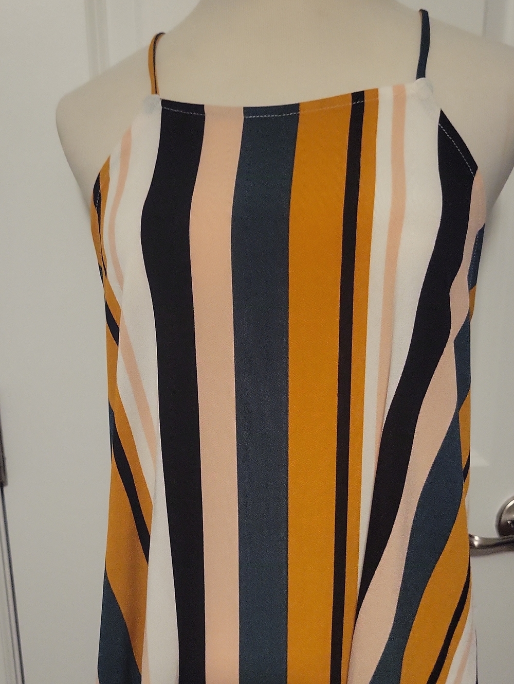 Vertical Stripe Spaghetti Strap Tank Top - Mustard/Pink/Black